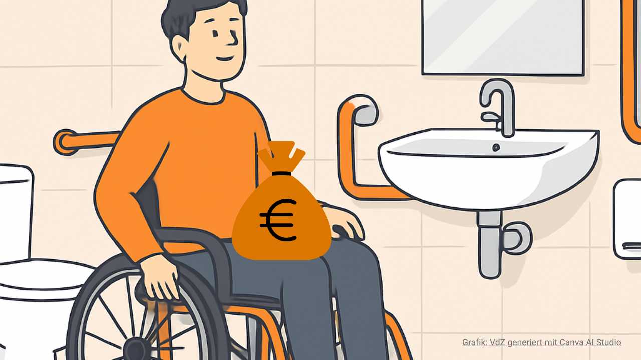 Grafik mit gemaltem Rollstuhlfahrer in barrierearmem Badezimmer und kleinem Sack mit Geld auf dem Schoß