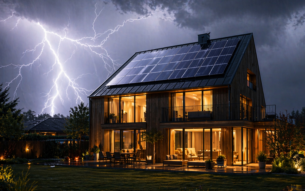 Haus mit PV auf dem Dach; stromversorgung während eines Unwetters läuft weiter